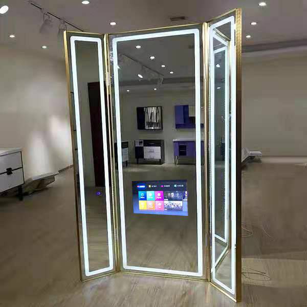 Barber shop Smart TV Glass Salon Makeup Lighted Standing Walled Mirror Beauty Styling Station Hairdressing Table