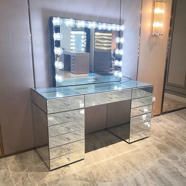 Stock in US Glass Cosmetic Beauty Hollywood Vanity Led TV Makeup Mirror Styling Station Dressing Table Set